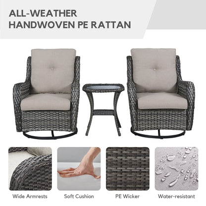 Gymojoy Outdoor Wicker 3-Seat Sofa with Fire Pit Table Swivel Chiar Table
