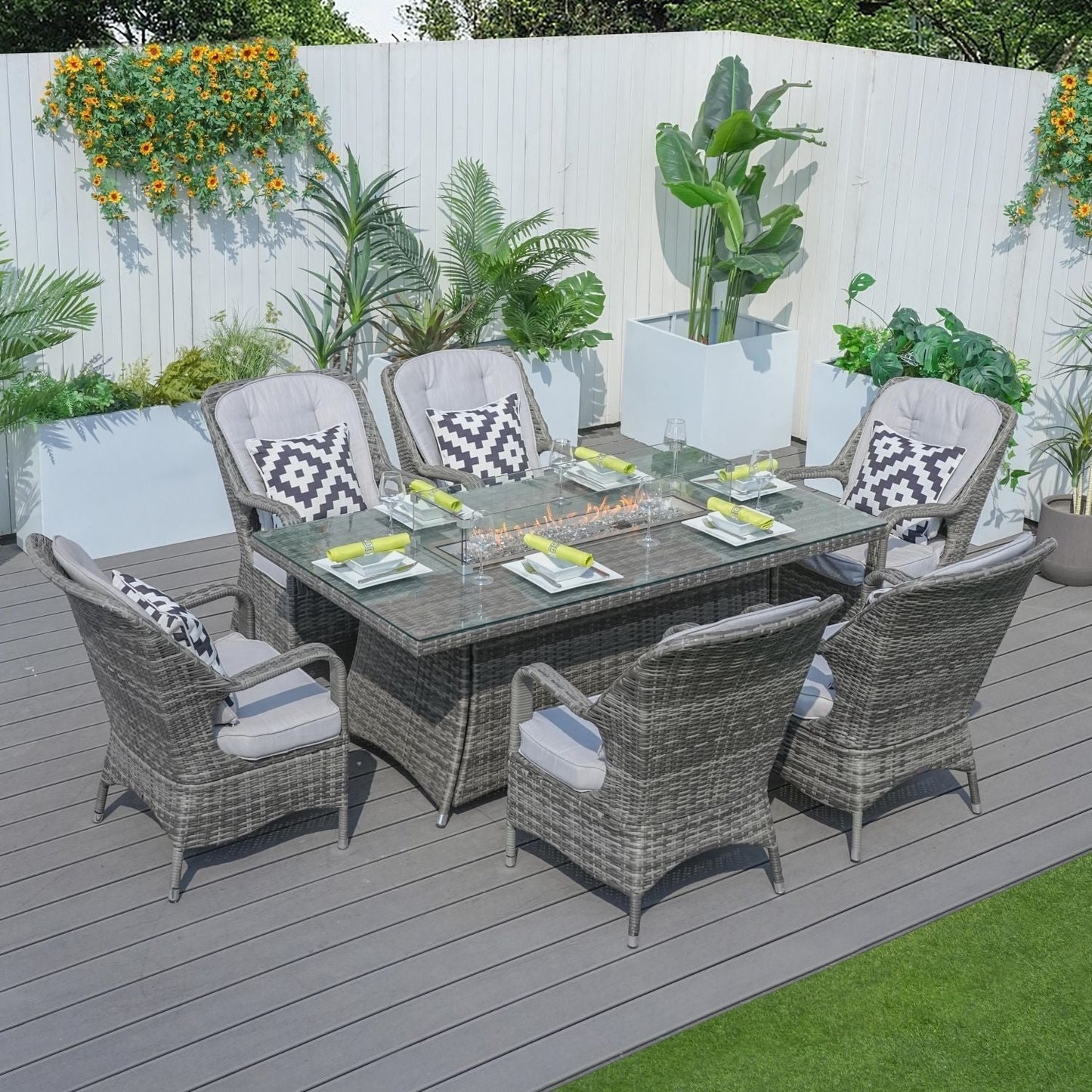 Outdoor Wicker Patio Rectangle Gas Fire Pit Table Set with 6 Chairs by Moda Furnishings (Including Rain Cover)