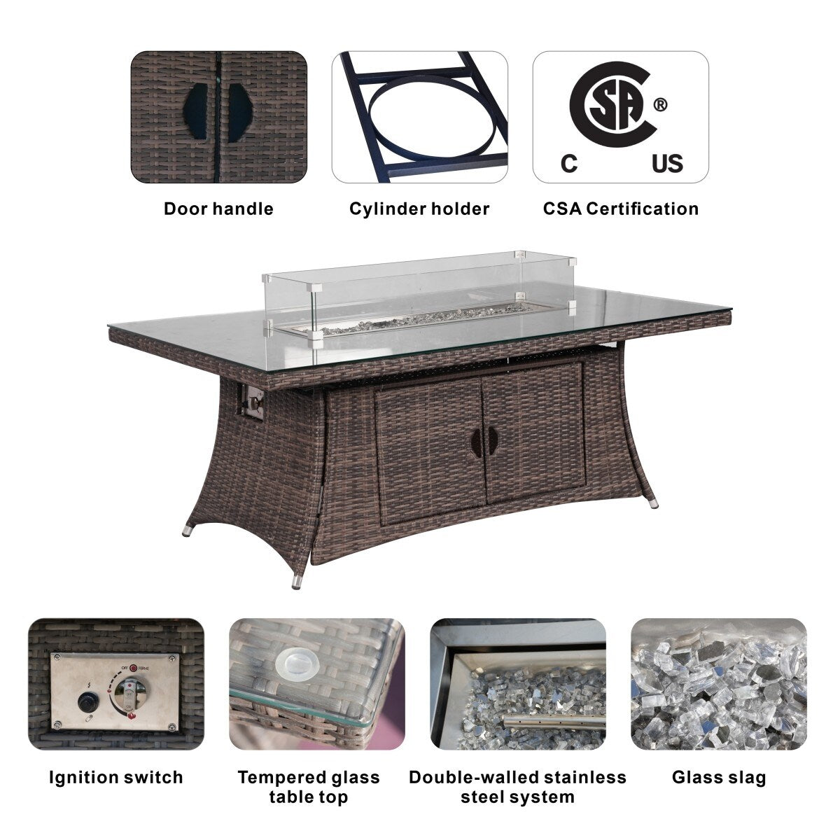 Outdoor Wicker Patio Rectangle Gas Fire Pit Table Set with 6 Chairs by Moda Furnishings (Including Rain Cover)