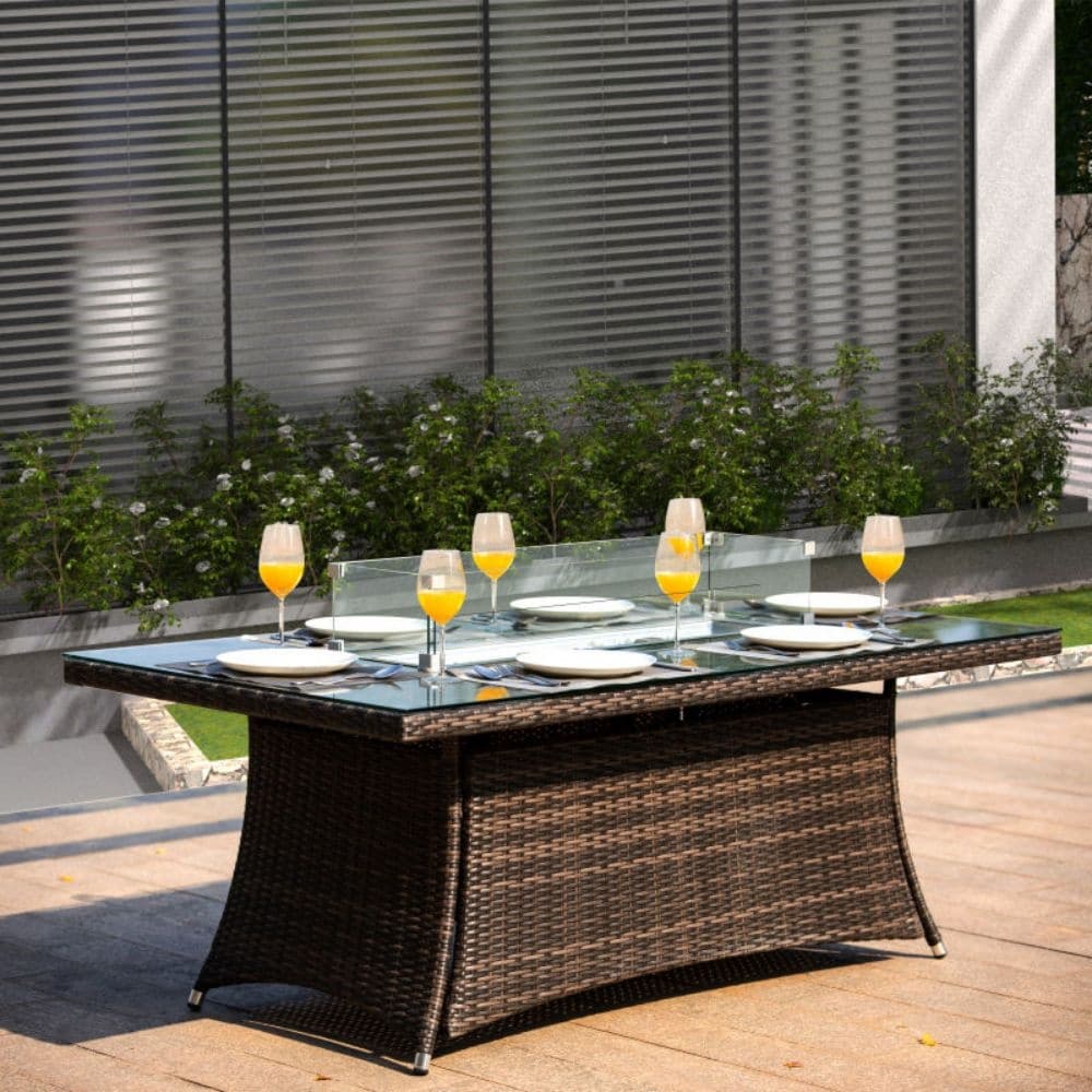 Outdoor Wicker Patio Rectangle Gas Fire Pit Table Set with 6 Chairs by Moda Furnishings (Including Rain Cover)