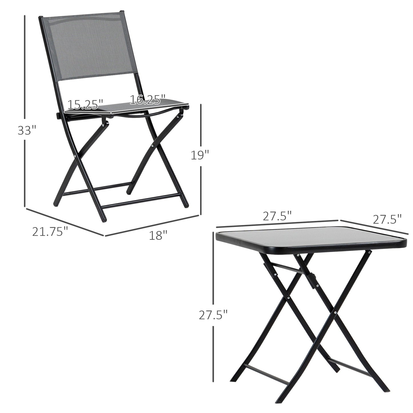 Outsunny 3-Piece Garden Bistro Set, Outdoor Folding Dining Set with Glass Table Top, 2 Folding Chairs, Steel Frame