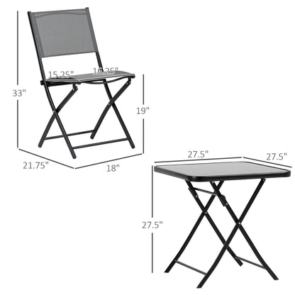 Outsunny 3-Piece Garden Bistro Set, Outdoor Folding Dining Set with Glass Table Top, 2 Folding Chairs, Steel Frame