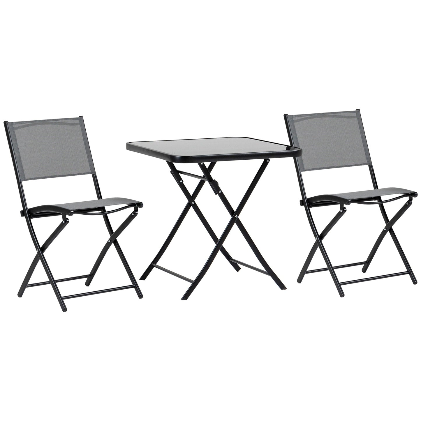 Outsunny 3-Piece Garden Bistro Set, Outdoor Folding Dining Set with Glass Table Top, 2 Folding Chairs, Steel Frame