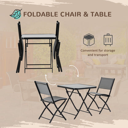 Outsunny 3-Piece Garden Bistro Set, Outdoor Folding Dining Set with Glass Table Top, 2 Folding Chairs, Steel Frame