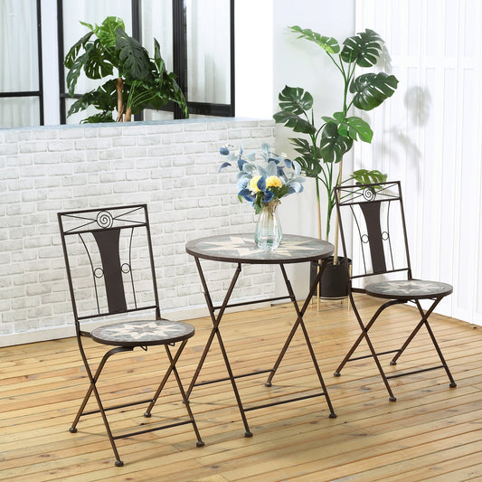 Outsunny 3-Piece Patio Bistro Set, Mosaic Table and 2 Armless Chairs with Foldable Design, Metal Frame for Garden, Poolside