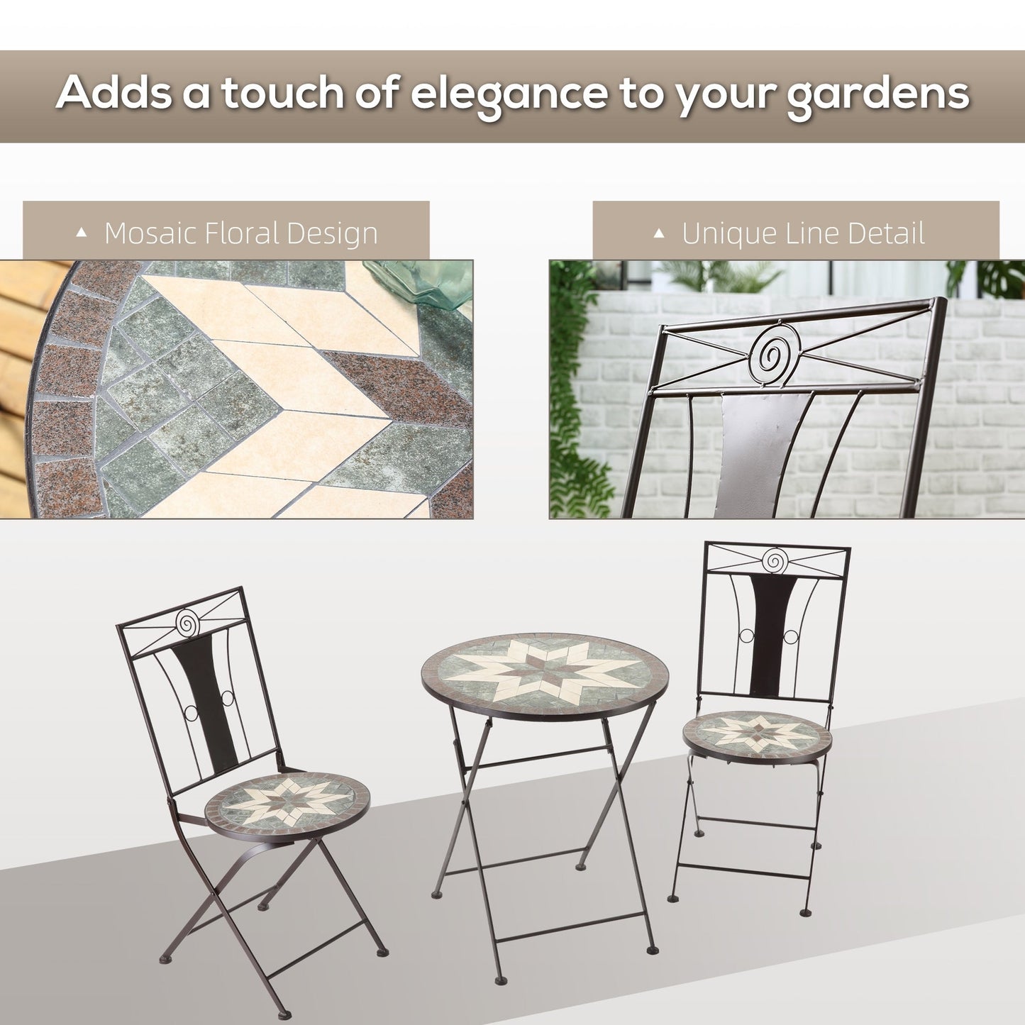 Outsunny 3-Piece Patio Bistro Set, Mosaic Table and 2 Armless Chairs with Foldable Design, Metal Frame for Garden, Poolside