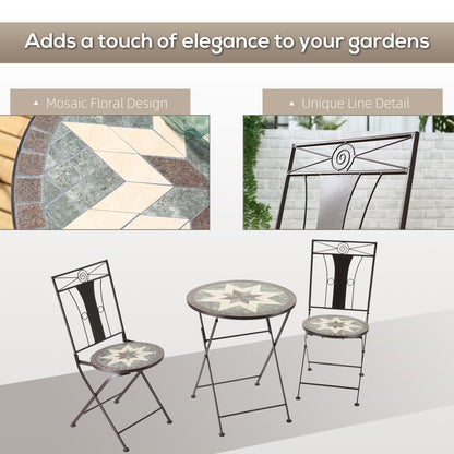 Outsunny 3-Piece Patio Bistro Set, Mosaic Table and 2 Armless Chairs with Foldable Design, Metal Frame for Garden, Poolside