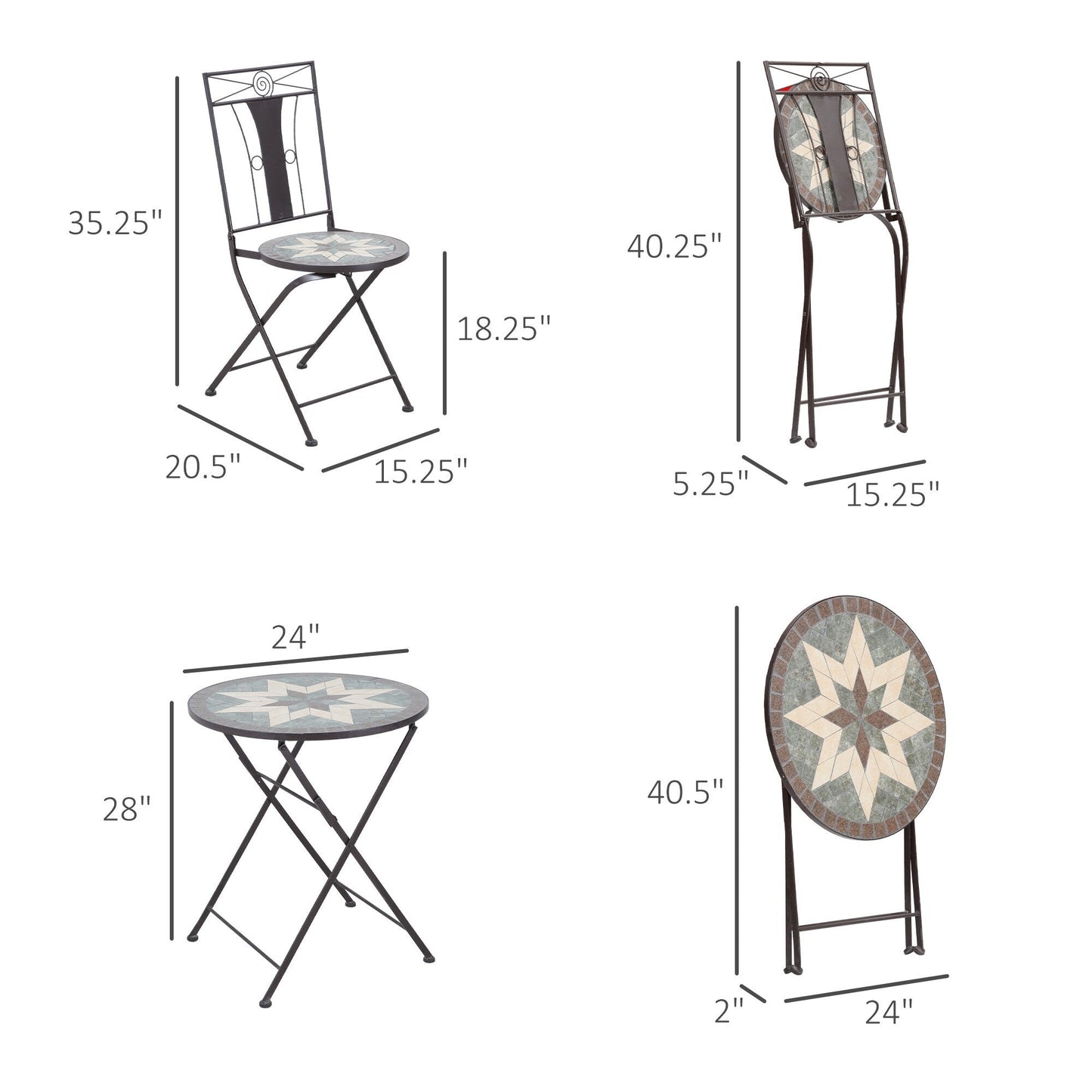 Outsunny 3-Piece Patio Bistro Set, Mosaic Table and 2 Armless Chairs with Foldable Design, Metal Frame for Garden, Poolside