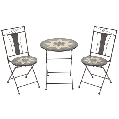 Outsunny 3-Piece Patio Bistro Set, Mosaic Table and 2 Armless Chairs with Foldable Design, Metal Frame for Garden, Poolside