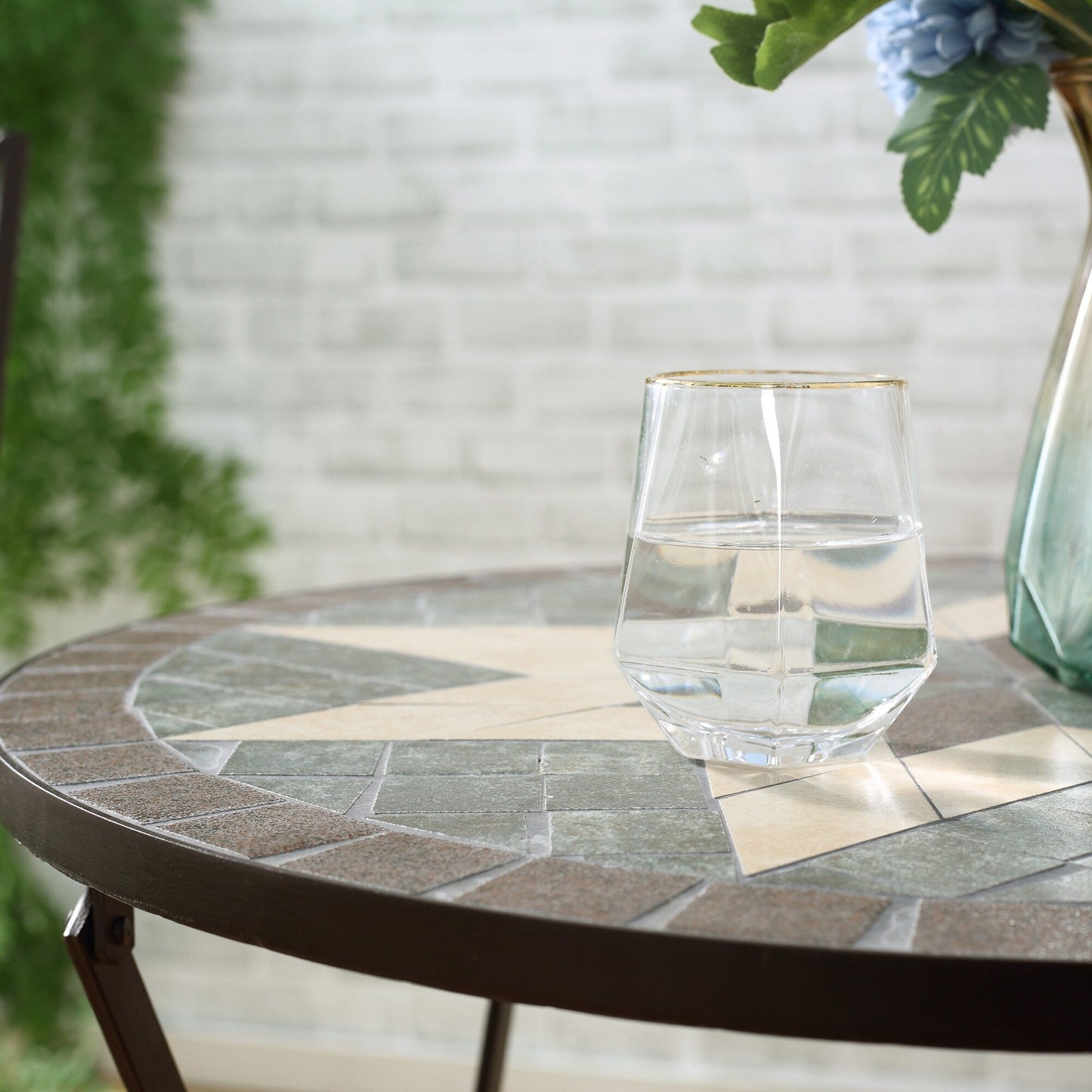 Outsunny 3-Piece Patio Bistro Set, Mosaic Table and 2 Armless Chairs with Foldable Design, Metal Frame for Garden, Poolside