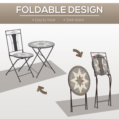 Outsunny 3-Piece Patio Bistro Set, Mosaic Table and 2 Armless Chairs with Foldable Design, Metal Frame for Garden, Poolside