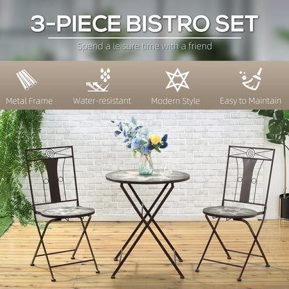 Outsunny 3-Piece Patio Bistro Set, Mosaic Table and 2 Armless Chairs with Foldable Design, Metal Frame for Garden, Poolside