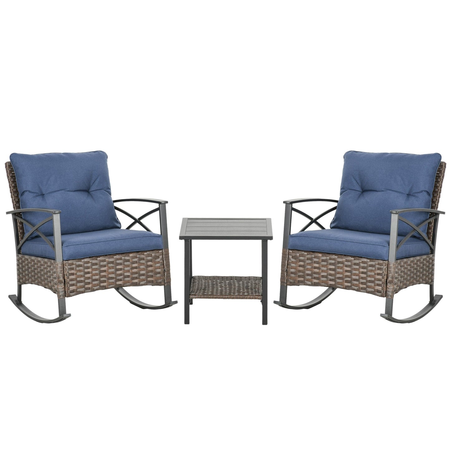 Outsunny 3 Piece Rocking Chair Patio Set, Outdoor Wicker Bistro Set with 2 Porch Rockers, 2 Tier Coffee Table, Cushions