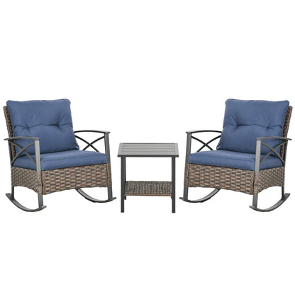 Outsunny 3 Piece Rocking Chair Patio Set, Outdoor Wicker Bistro Set with 2 Porch Rockers, 2 Tier Coffee Table, Cushions
