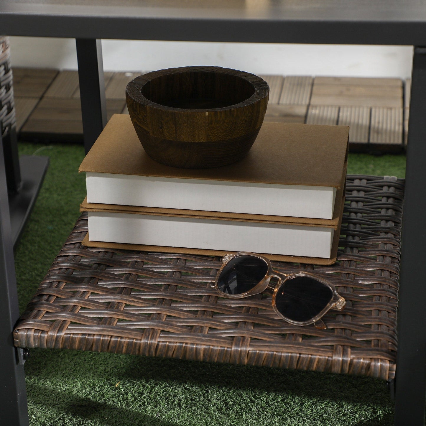 Outsunny 3 Piece Rocking Chair Patio Set, Outdoor Wicker Bistro Set with 2 Porch Rockers, 2 Tier Coffee Table, Cushions