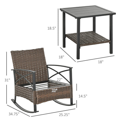 Outsunny 3 Piece Rocking Chair Patio Set, Outdoor Wicker Bistro Set with 2 Porch Rockers, 2 Tier Coffee Table, Cushions