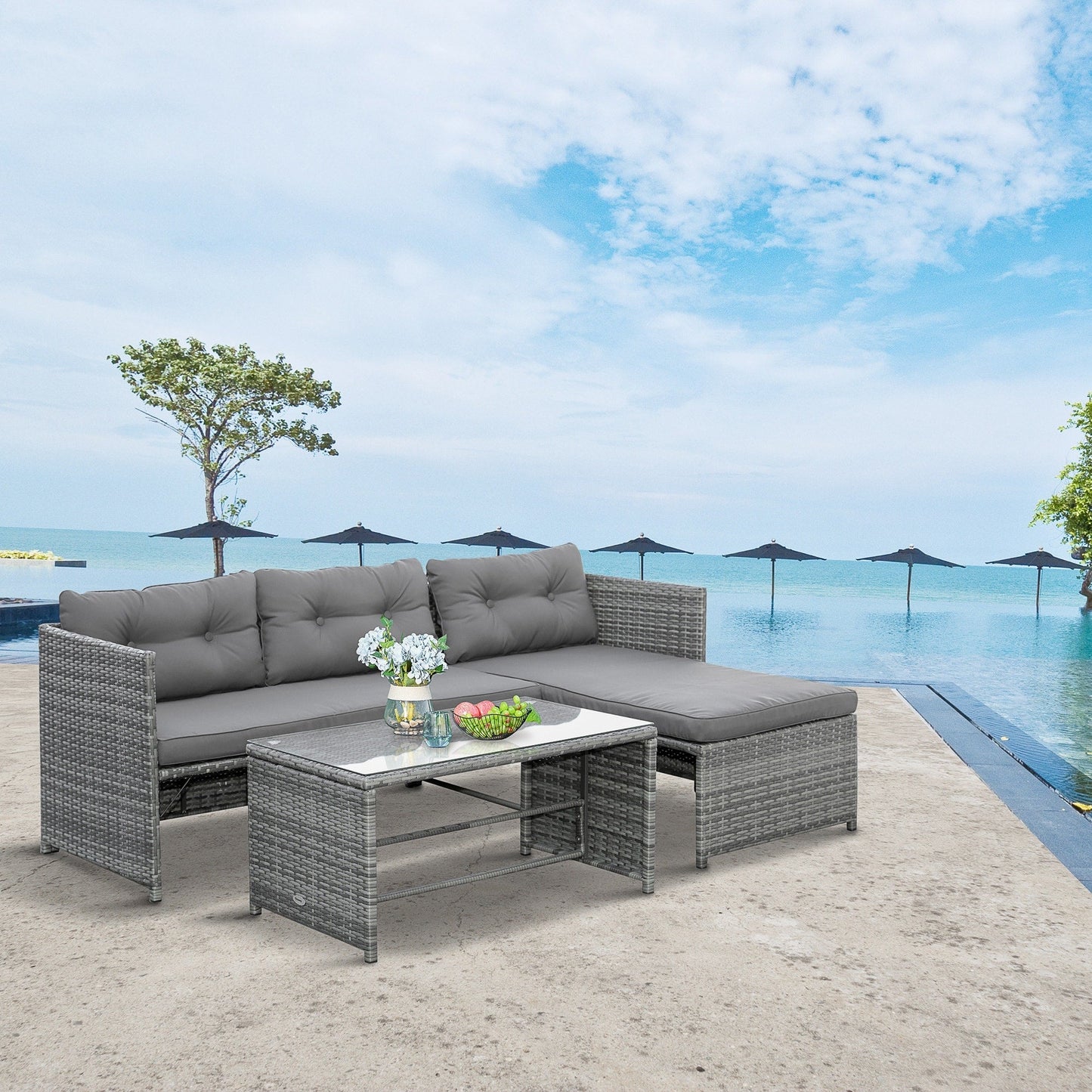 Outsunny 3-Piece Wicker Patio Furniture Sets, Rattan Conversation Sets, Sectional sofa set with Cushioned Lounge Chaise