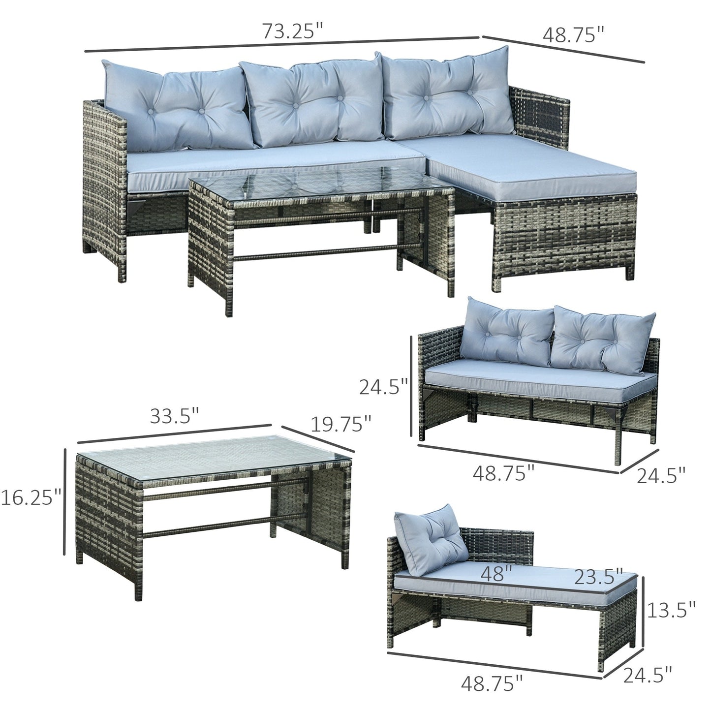Outsunny 3-Piece Wicker Patio Furniture Sets, Rattan Conversation Sets, Sectional sofa set with Cushioned Lounge Chaise