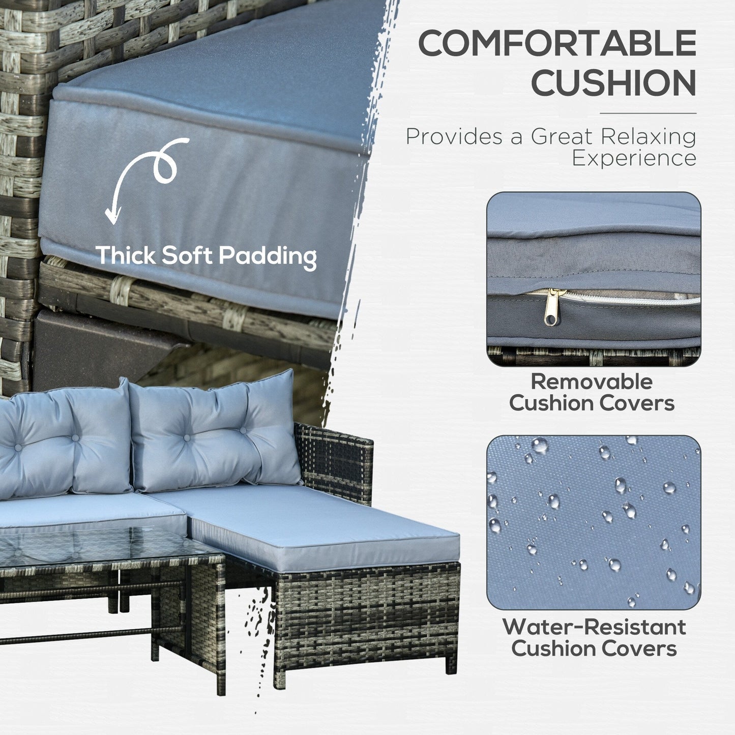 Outsunny 3-Piece Wicker Patio Furniture Sets, Rattan Conversation Sets, Sectional sofa set with Cushioned Lounge Chaise