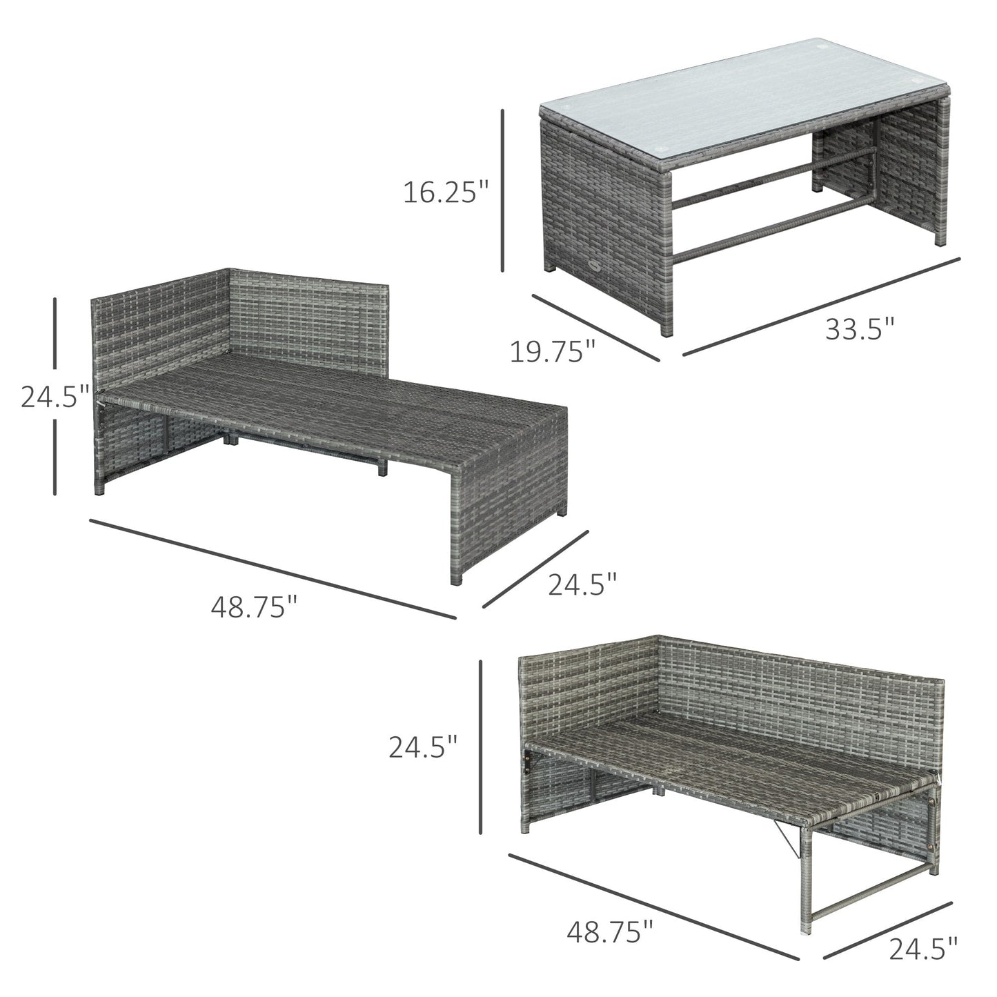 Outsunny 3-Piece Wicker Patio Furniture Sets, Rattan Conversation Sets, Sectional sofa set with Cushioned Lounge Chaise