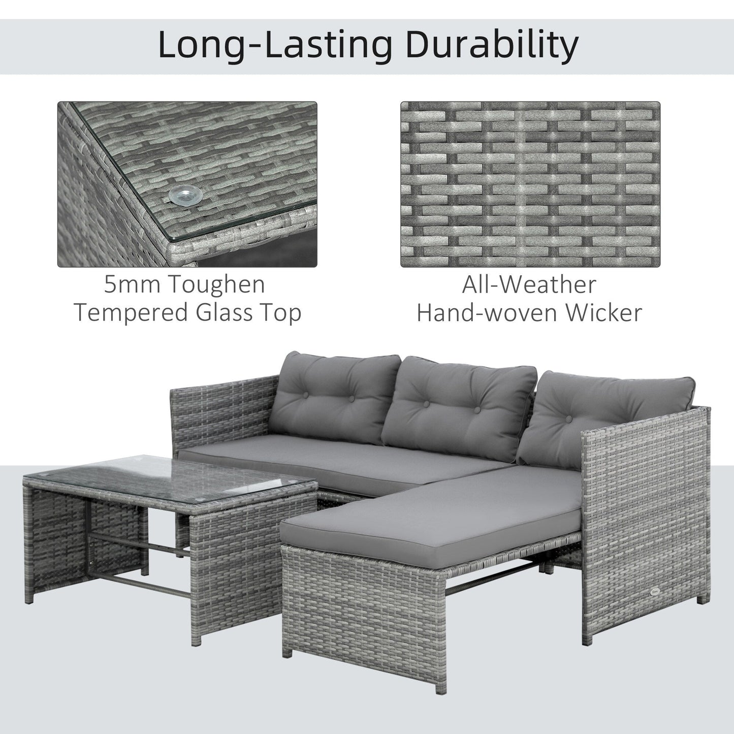 Outsunny 3-Piece Wicker Patio Furniture Sets, Rattan Conversation Sets, Sectional sofa set with Cushioned Lounge Chaise