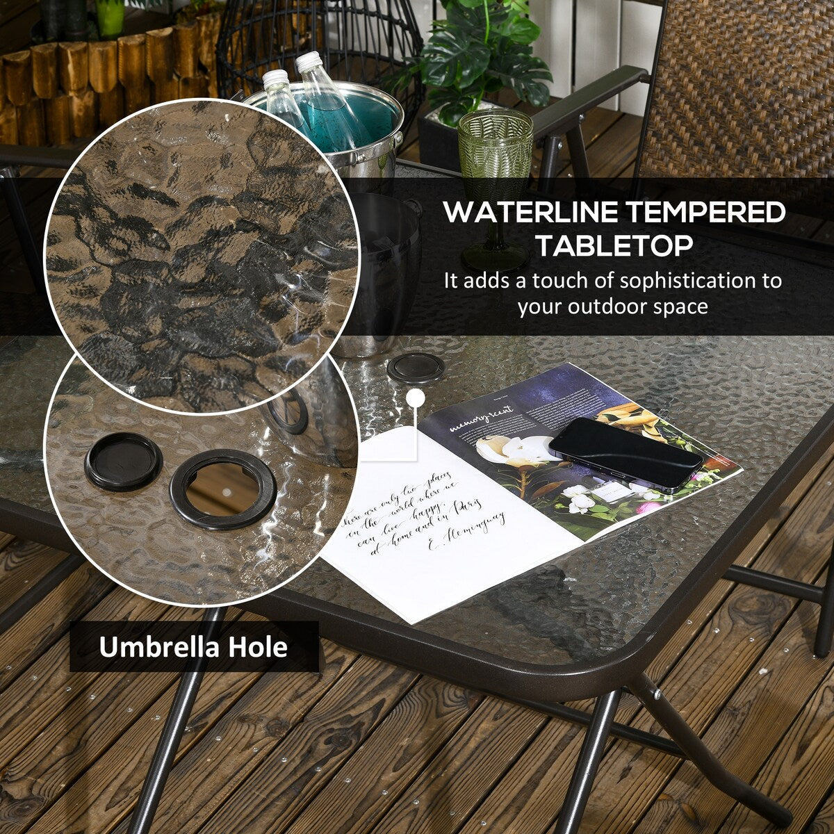 Outsunny 5 Pieces Wicker Patio Dining Set, Foldable Outdoor Table and Chairs, Wicker Furniture Dining Set with Umbrella Hole
