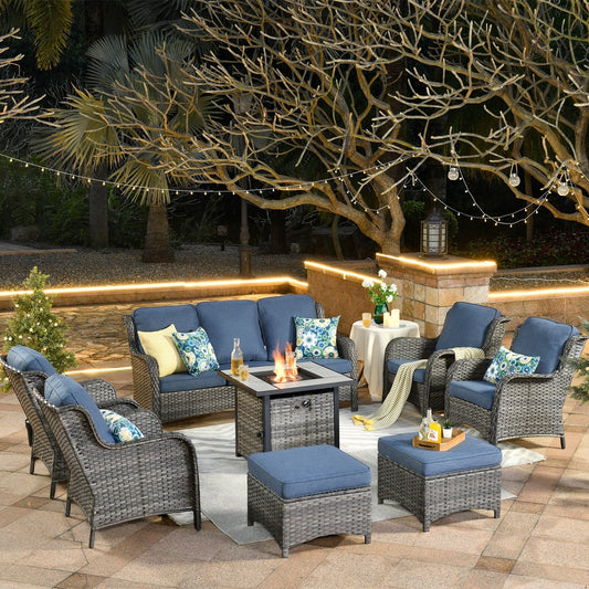 OVIOS Grey Wicker 8-piece Patio Furniture Set With Fire Pit