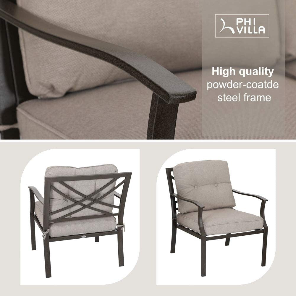 PHI VILLA 3-piece Padded Patio Conversation Set with Comfortable Deep Seating Cushions