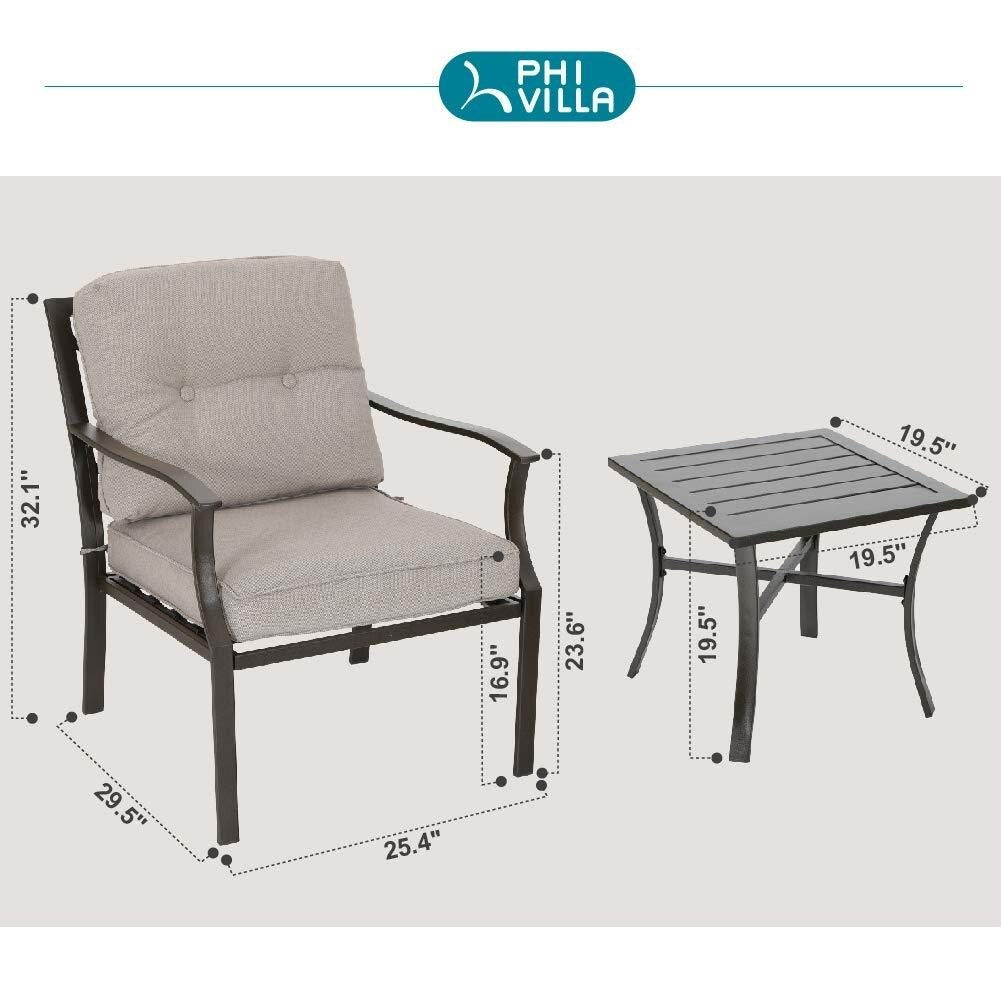 PHI VILLA 3-piece Padded Patio Conversation Set with Comfortable Deep Seating Cushions