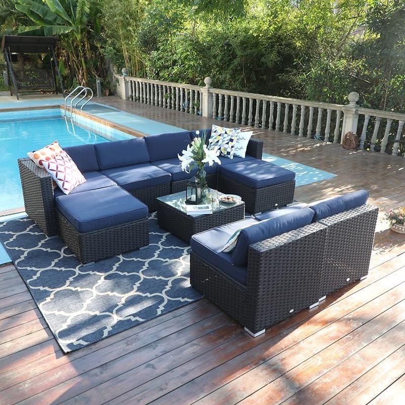 9-Piece Rattan Wicker Cushioned Patio Furniture Sectional Sofa Set - 9-Pieces Sets