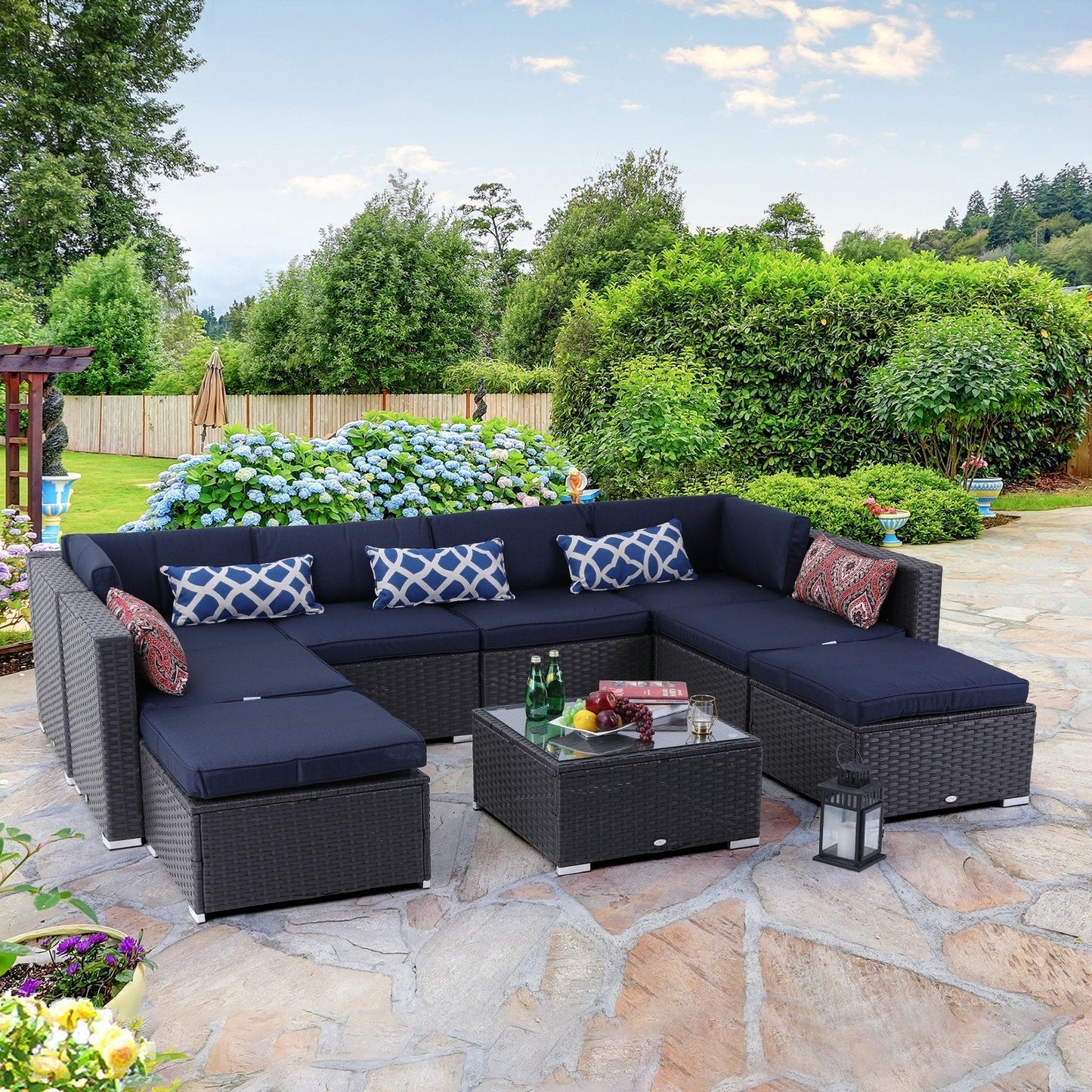 9-Piece Rattan Wicker Cushioned Patio Furniture Sectional Sofa Set - 9-Pieces Sets