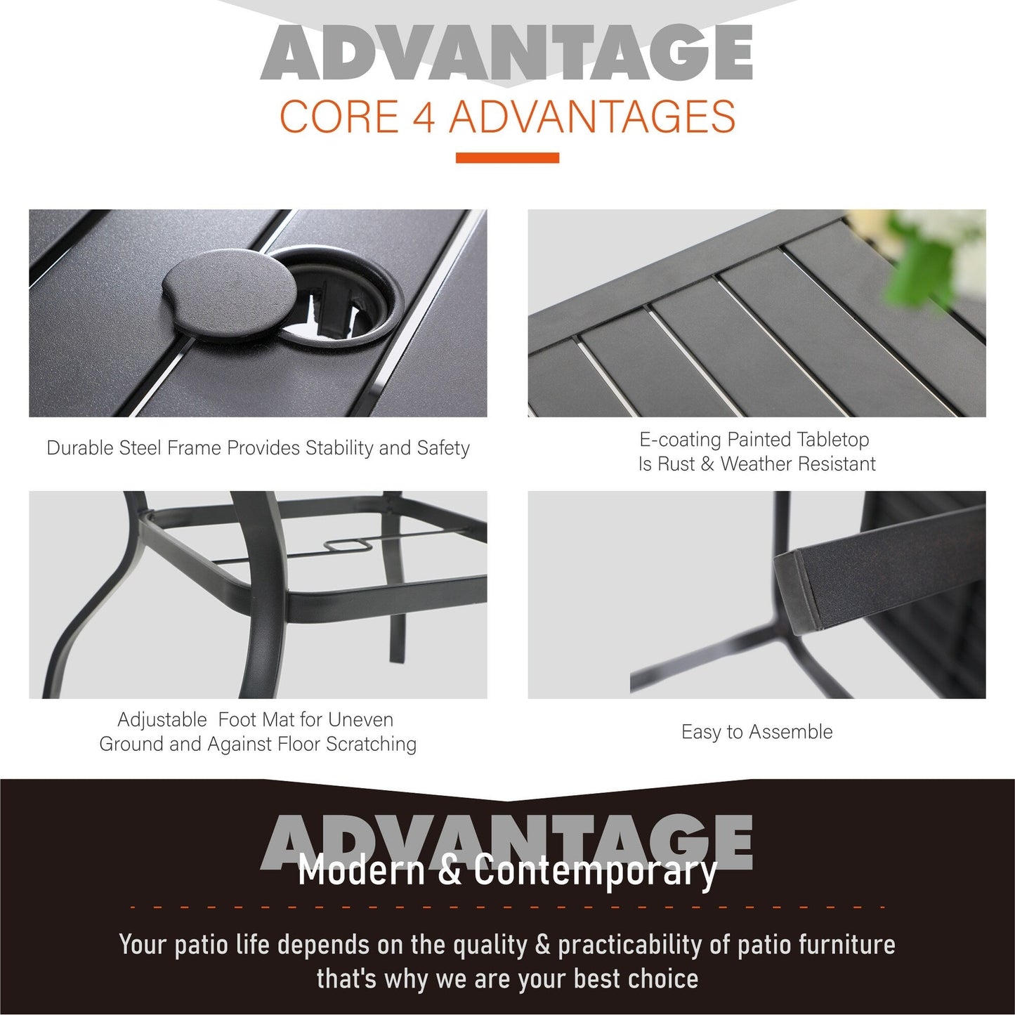MAISON ARTS Patio Dining Set 5 Piece with 10ft Round Umbrella, 4 Swivel Dining Chair with Cushion and Steel Slat Patio Table