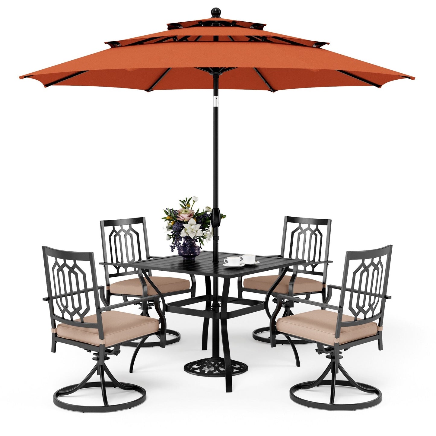MAISON ARTS Patio Dining Set 5 Piece with 10ft Round Umbrella, 4 Swivel Dining Chair with Cushion and Steel Slat Patio Table