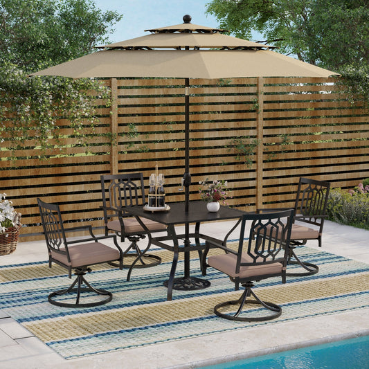 MAISON ARTS Patio Dining Set 5 Piece with 10ft Round Umbrella, 4 Swivel Dining Chair with Cushion and Steel Slat Patio Table