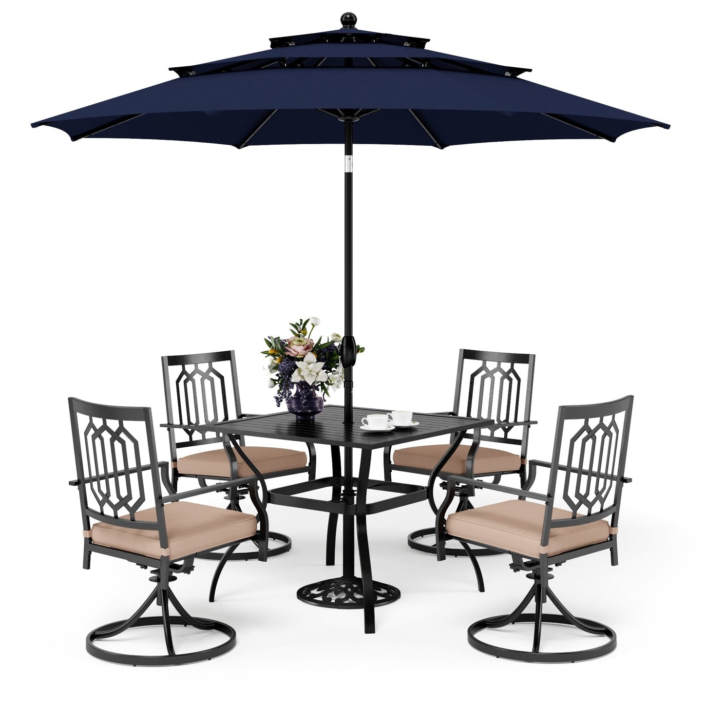 MAISON ARTS Patio Dining Set 5 Piece with 10ft Round Umbrella, 4 Swivel Dining Chair with Cushion and Steel Slat Patio Table