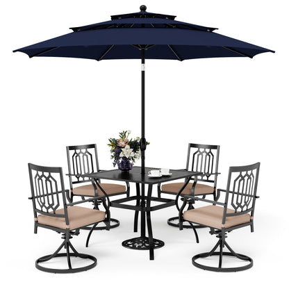 MAISON ARTS Patio Dining Set 5 Piece with 10ft Round Umbrella, 4 Swivel Dining Chair with Cushion and Steel Slat Patio Table