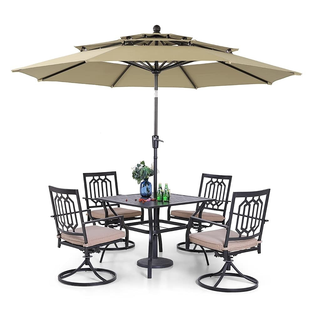 MAISON ARTS Patio Dining Set 5 Piece with 10ft Round Umbrella, 4 Swivel Dining Chair with Cushion and Steel Slat Patio Table