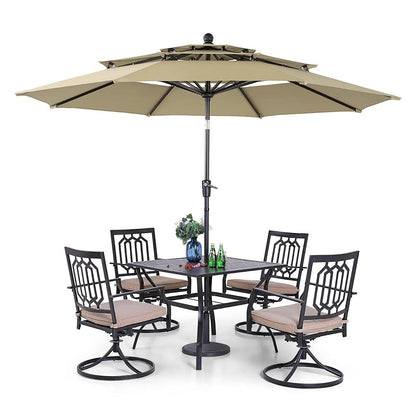 MAISON ARTS Patio Dining Set 5 Piece with 10ft Round Umbrella, 4 Swivel Dining Chair with Cushion and Steel Slat Patio Table
