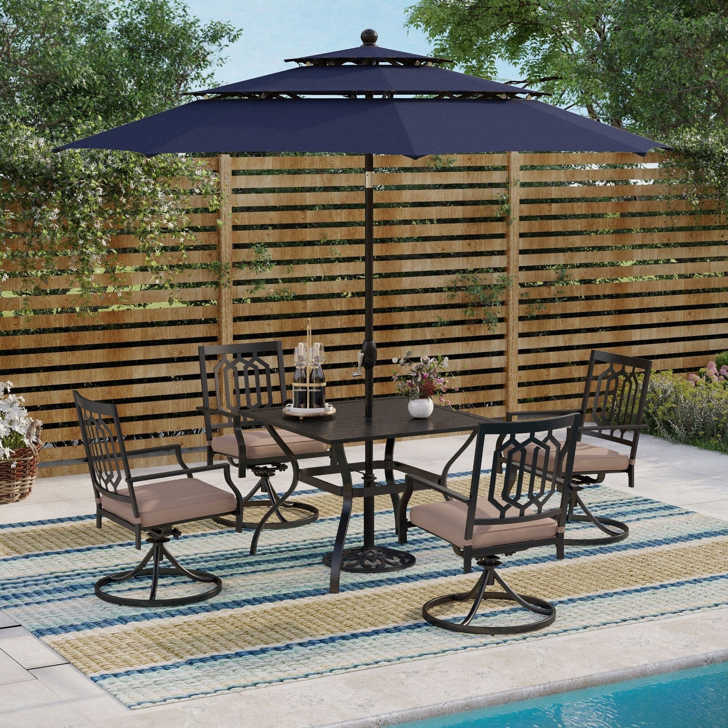 MAISON ARTS Patio Dining Set 5 Piece with 10ft Round Umbrella, 4 Swivel Dining Chair with Cushion and Steel Slat Patio Table