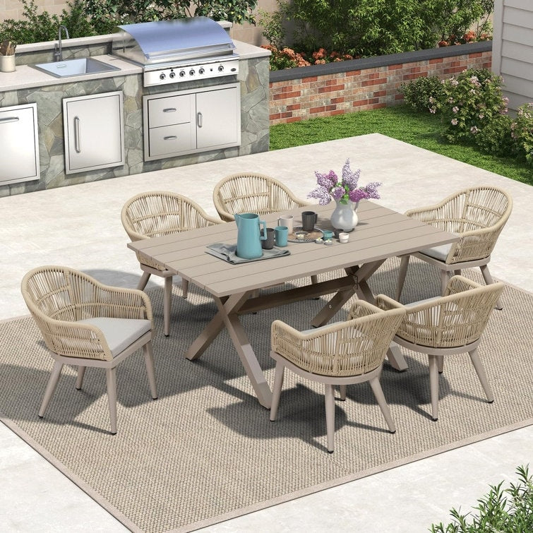 PURPLE LEAF 7 Pieces Patio Dining Set with Outdoor Aluminium Square Dining Table and Woven Rattan Chairs
