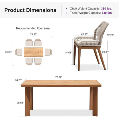 PURPLE LEAF Dining Set Patio Metal Rectangular Table and Wicker Rattan Chairs for Outside Porch Modern Outdoor Furniture Sets