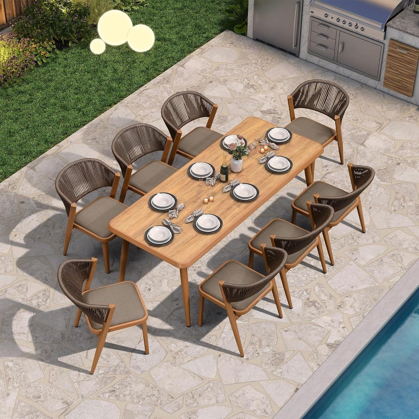 PURPLE LEAF Outdoor Dining Set Teak Aluminum Patio Furniture Set Dining Table And Wicker Chairs