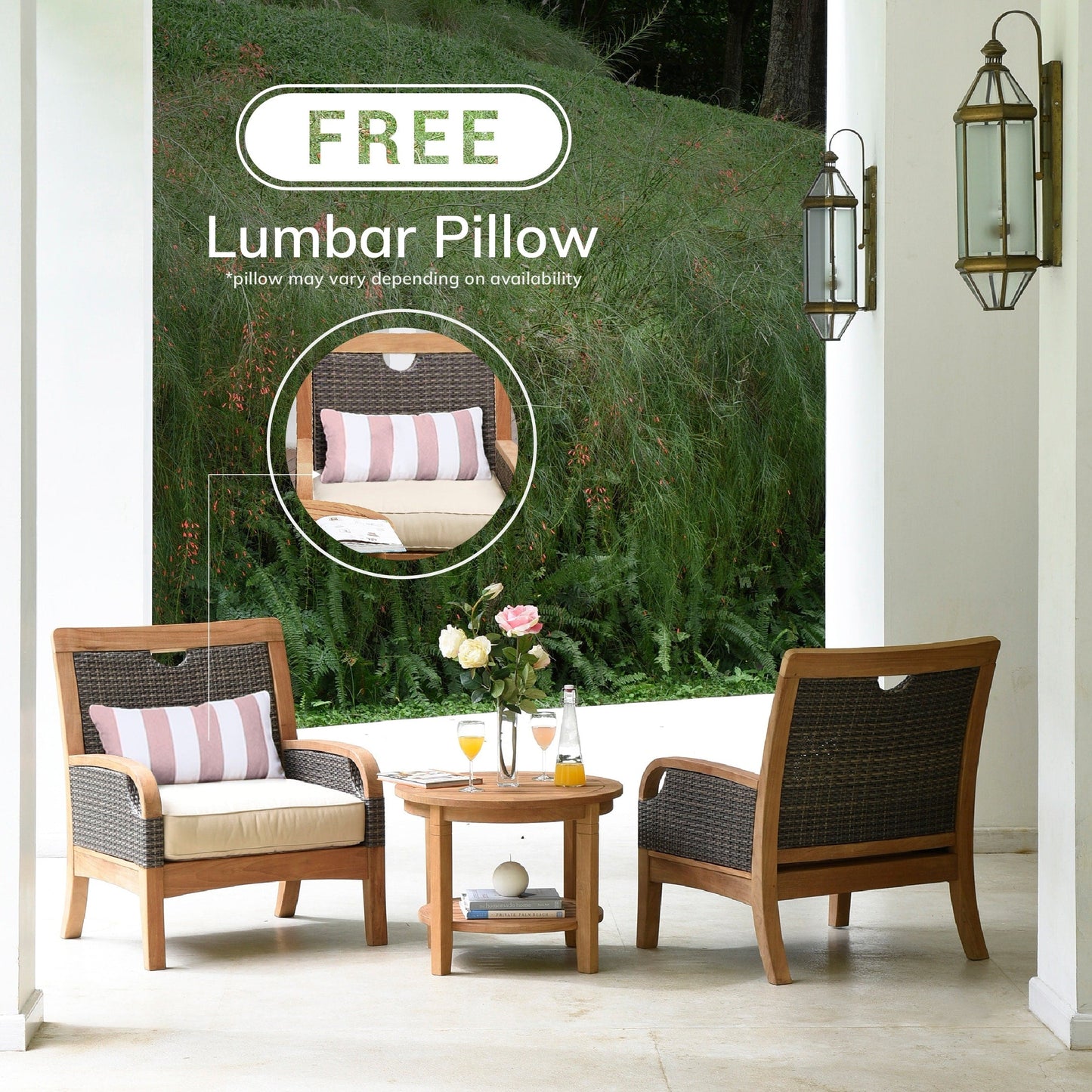 Cambridge Casual Palma 3-piece Teak Wicker Outdoor Chat Set with FREE Pillow
