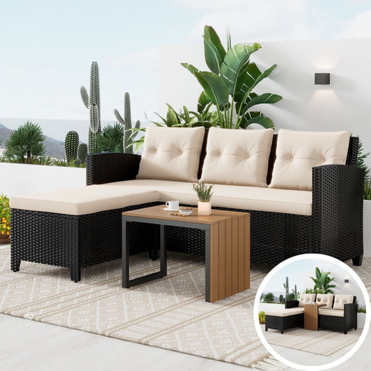 Patio Furniture Set - 3 Piece Cushioned Sofa Set Wicker Outdoor Sectional Coversation Set