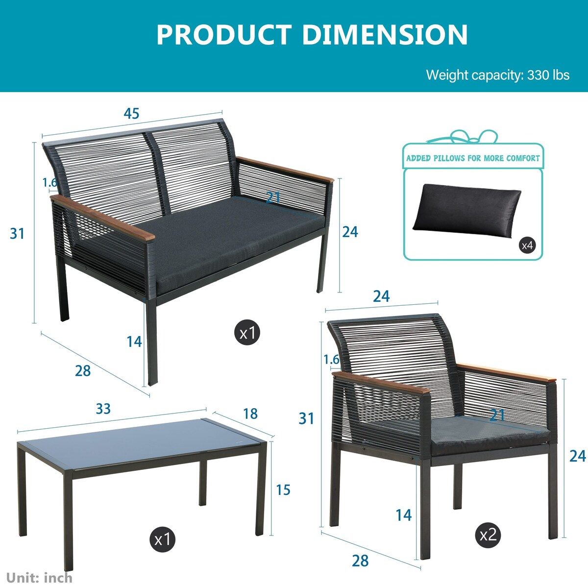 Patio Furniture Set - 4 Piece All Weather Wicker Patio Conversation Set Black Outdoor Sofa Set with Washable Cushions and Chairs