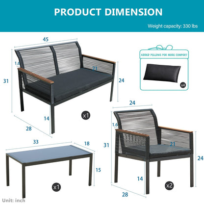 Patio Furniture Set - 4 Piece All Weather Wicker Patio Conversation Set Black Outdoor Sofa Set with Washable Cushions and Chairs