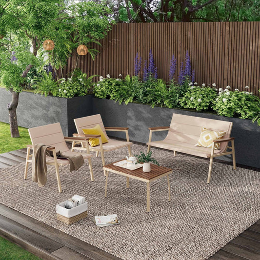 Outdoor Patio Furniture Set 4 Pieces Patio Conversation Sets with Padded Suspended Cushion for Lawn Backyard Balcony, Beige