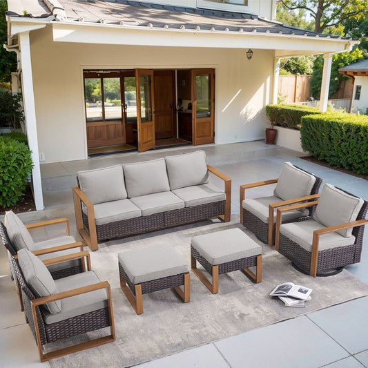 Patio Sofa with Rocking Chair Ottomans and Coffee Table - Brown