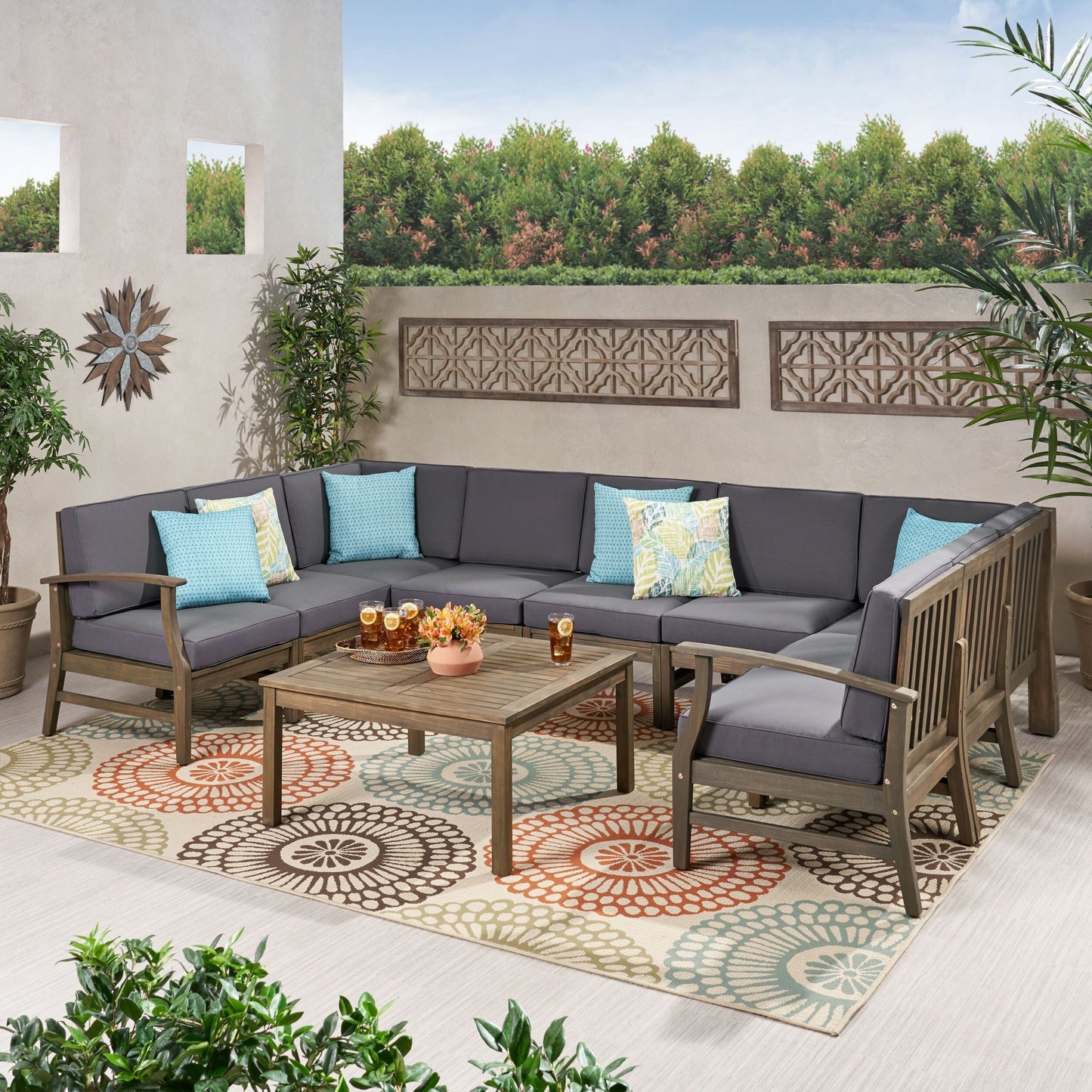 Perla 9-seater Acacia Wood Sectional Sofa Set by Christopher Knight Home