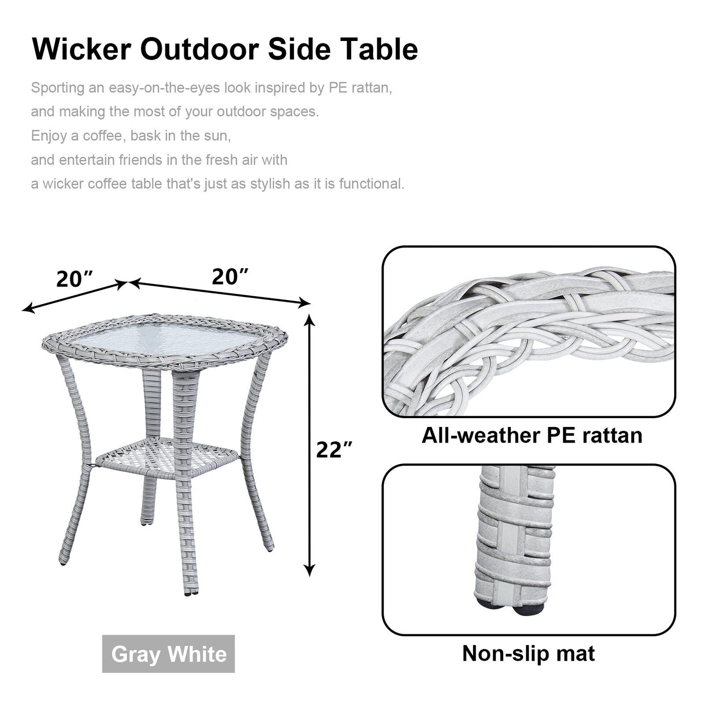 Pocassy Patio Wicker Coffee Table, Outdoor Rattan Side Table - 20X20